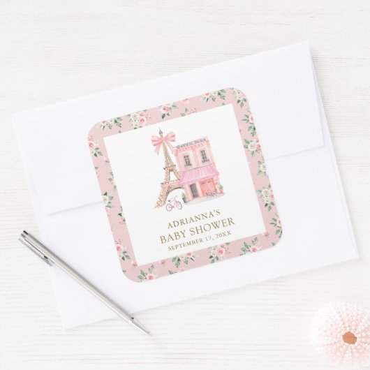 Bonjour Bebe Frans Roze Parijse Café Baby shower Vierkante Sticker (Envelop)