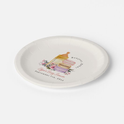 Bonjour Bébé Franse Macarons & Melk Baby shower Papieren Bordje (Gekanteld)