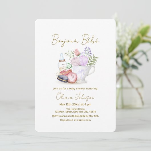 Bonjour Bébé Franse Macarons Melkthee Baby shower Kaart (Staand voorkant)