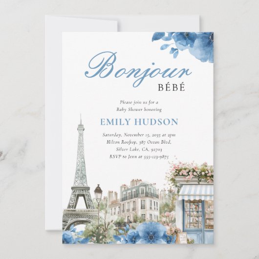 Bonjour Bebe French Blue Baby Shower Invitation Kaart (Voorkant)