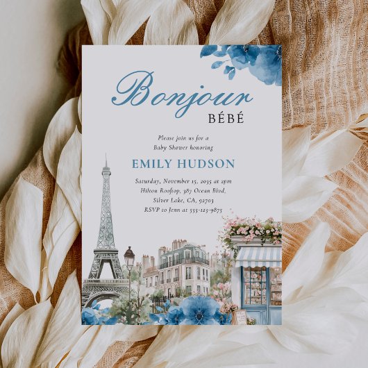 Bonjour Bebe French Blue Baby Shower Invitation Kaart