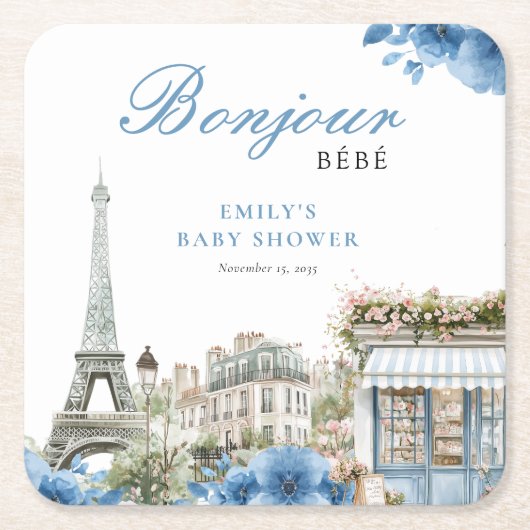 Bonjour Bebe French Blue Baby Shower Kartonnen Onderzetters (Voorkant)