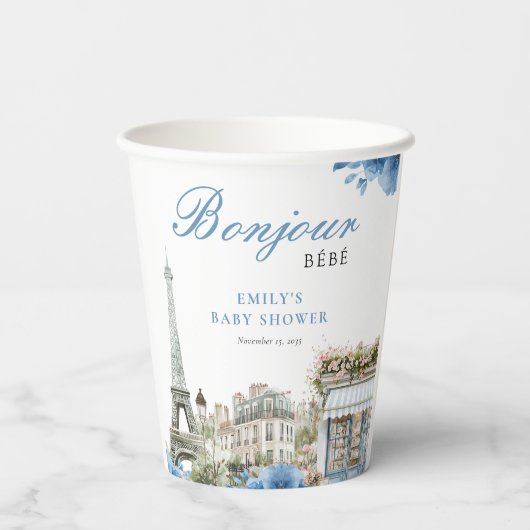 Bonjour Bebe French Blue Baby Shower Papieren Bekers (Achterkant)