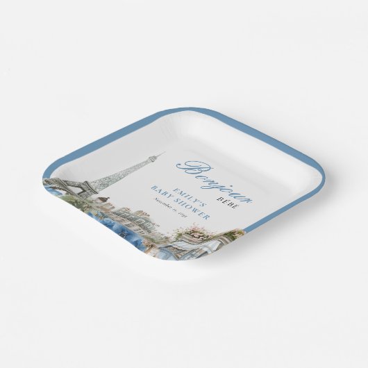 Bonjour Bebe French Blue Baby Shower Papieren Bordje (Gebogen)