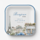Bonjour Bebe French Blue Baby Shower Papieren Bordje (Voorkant)