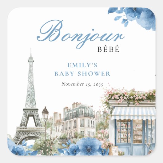 Bonjour Bebe French Blue Baby Shower Vierkante Sticker (Voorkant)