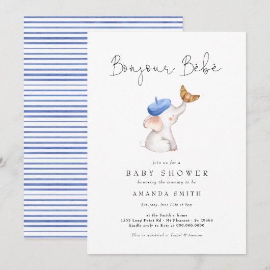 Bonjour Bebe French Elephant Baby Boy Shower Blue Kaart (Voorkant / Achterkant)
