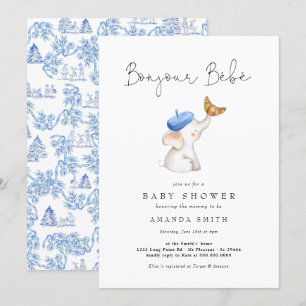 Bonjour Bebe French Elephant Baby Boy Shower Toile Kaart