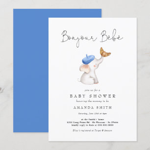 Bonjour Bebe French Elephant Blue Baby shower Kaart