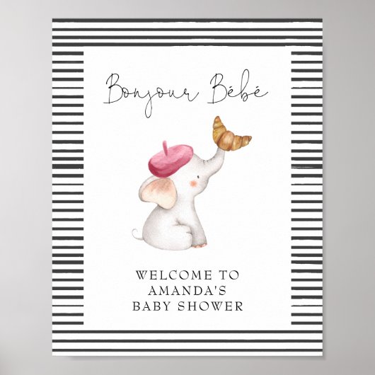 Bonjour Bebe French Elephant Welcome Baby shower Poster (Voorkant)