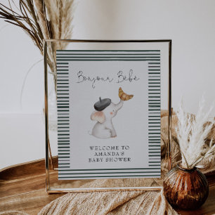 Bonjour Bebe French Elephant Welcome Baby shower Poster