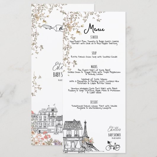 Bonjour Bebe Genderneutraal Baby shower Menu (Voorkant / Achterkant)