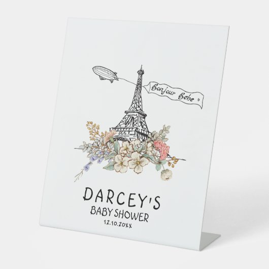 Bonjour Bebe Genderneutraal Baby shower Reclamebord Met Voetstuk (Voorkant)