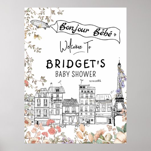 Bonjour Bebe Genderneutraal Baby shower Welkom Si Poster (Voorkant)