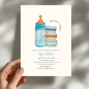 Bonjour Bébé Macarons & Milk Blauwe Baby Shower Kaart