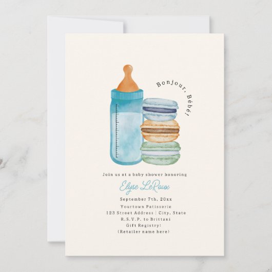 Bonjour Bébé Macarons & Milk Blue Baby Shower Kaart (Voorkant)