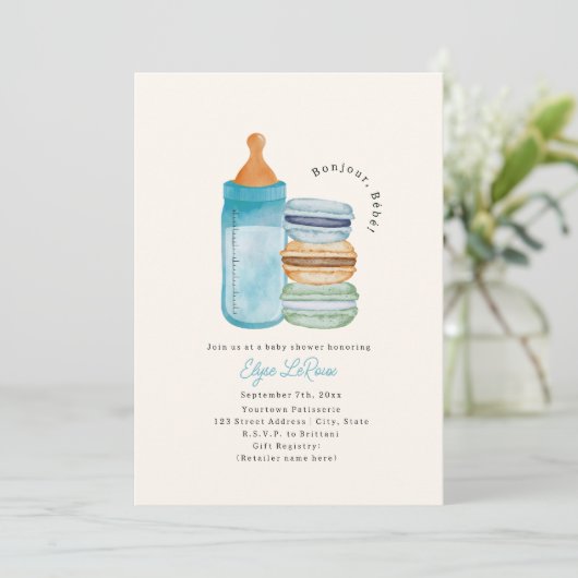Bonjour Bébé Macarons & Milk Blue Baby Shower Kaart (Staand voorkant)