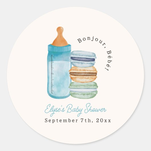 Bonjour Bébé Macarons & Milk Boy Baby Shower Ronde Sticker (Voorkant)