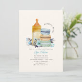 Bonjour Bébé Macarons Milk Floral Blue Baby Shower Kaart (Staand voorkant)