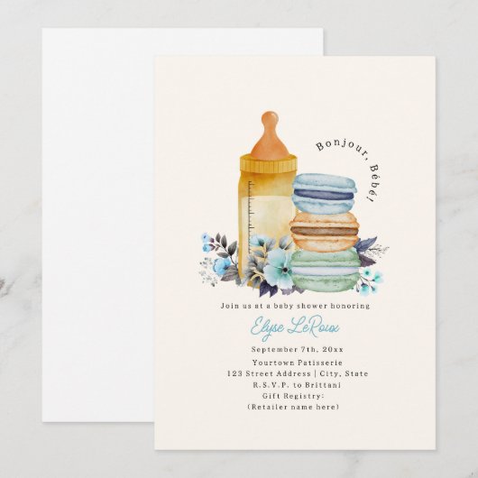 Bonjour Bébé Macarons Milk Floral Blue Baby Shower Kaart (Voorkant / Achterkant)