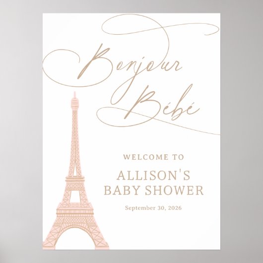 Bonjour Bebe Parijs Frans Baby shower Welkom Teken Poster (Voorkant)