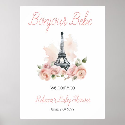 Bonjour Bebe Parijse Bloemen Baby shower Welkom Poster (Voorkant)
