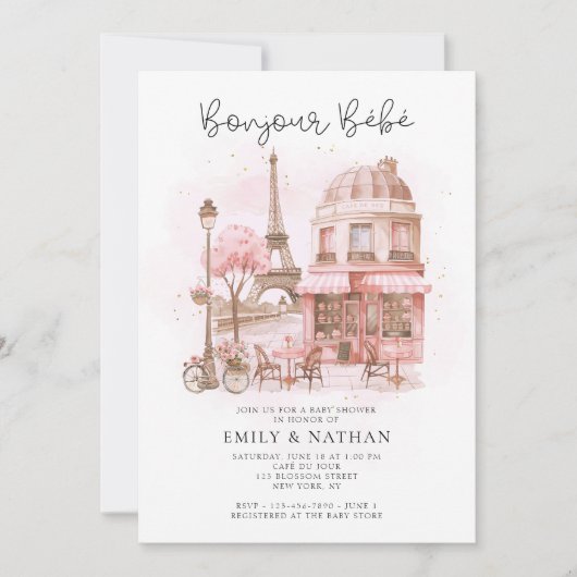 Bonjour Bébé Parijse Café Roze Baby shower Kaart (Voorkant)