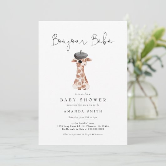 Bonjour Bebe Paris Baby shower Franse Giraffe Kaart (Staand voorkant)