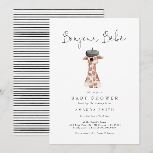 Bonjour Bebe Paris Baby shower Franse Giraffe Kaart (Voorkant / Achterkant)
