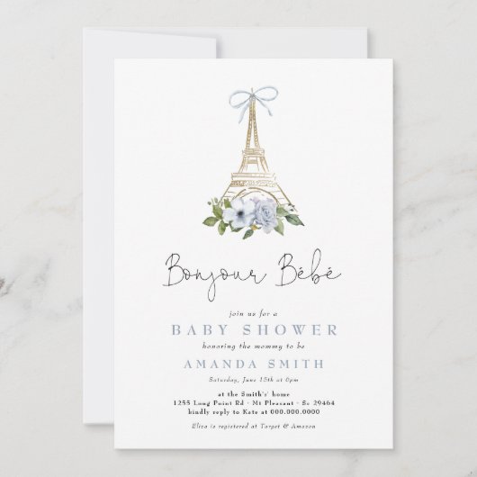 Bonjour Bebe Paris Baby shower met blauw Eiffel Kaart (Voorkant)