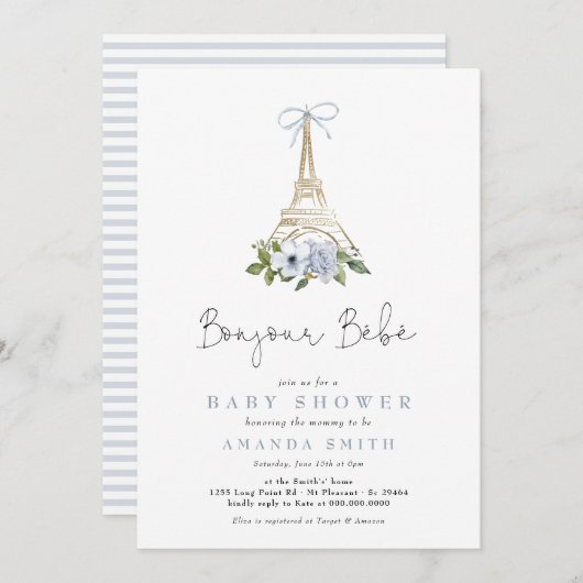 Bonjour Bebe Paris Baby shower met blauw Eiffel Kaart (Voorkant / Achterkant)