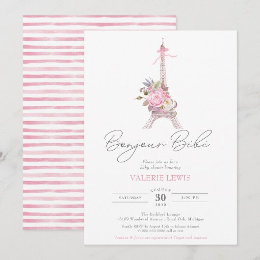 Bonjour Bebe Paris Eiffel Pink Floral Baby shower Kaart (Voorkant / Achterkant)