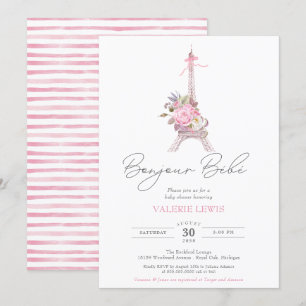 Bonjour Bebe Paris Eiffel Pink Floral Baby shower Kaart