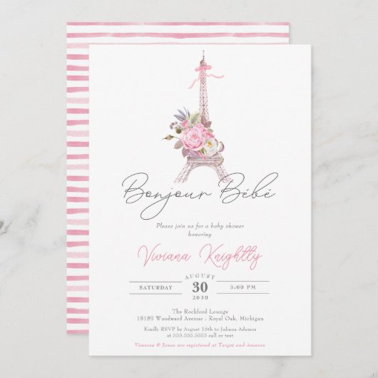 Bonjour Bebe Paris Eiffel Pink Flowers Baby shower Kaart (Voorkant / Achterkant)