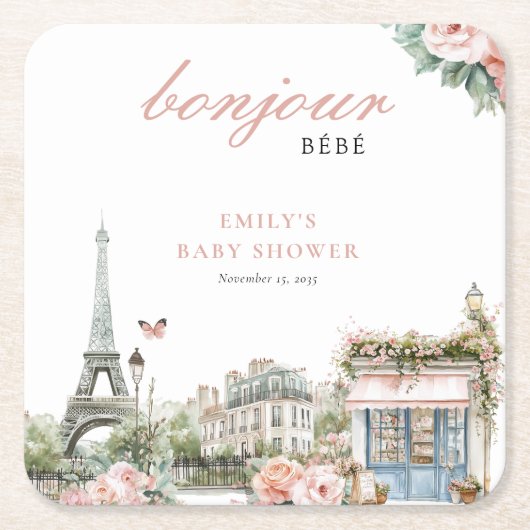 Bonjour Bébé Paris Frans Baby shower Kartonnen Onderzetters (Voorkant)