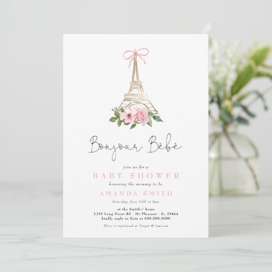 Bonjour Bebe Paris Frans-Roze Eiffel Baby shower Kaart (Staand voorkant)