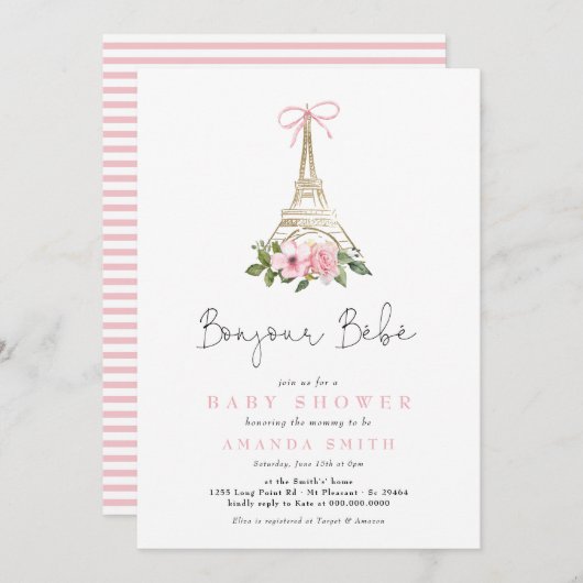 Bonjour Bebe Paris Frans-Roze Eiffel Baby shower Kaart (Voorkant / Achterkant)