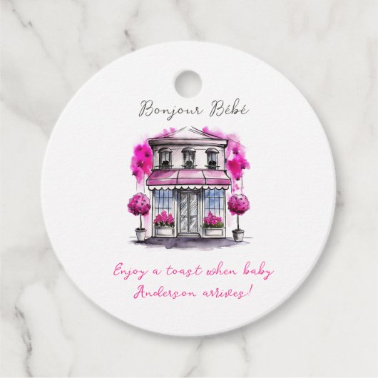 Bonjour Bebe Paris Frans Roze Zwart Baby shower Bedankjes Labels (Voorkant)