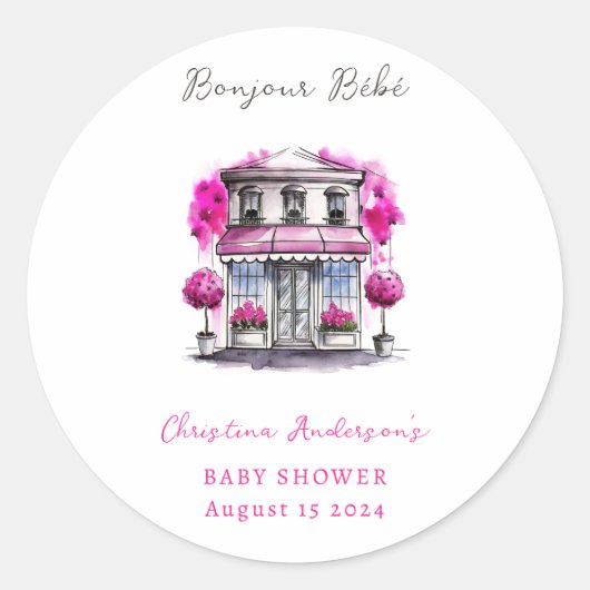 Bonjour Bebe Paris Frans Roze Zwart Baby shower Ronde Sticker (Voorkant)