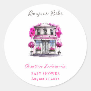 Bonjour Bebe Paris Frans Roze Zwart Baby shower Ronde Sticker
