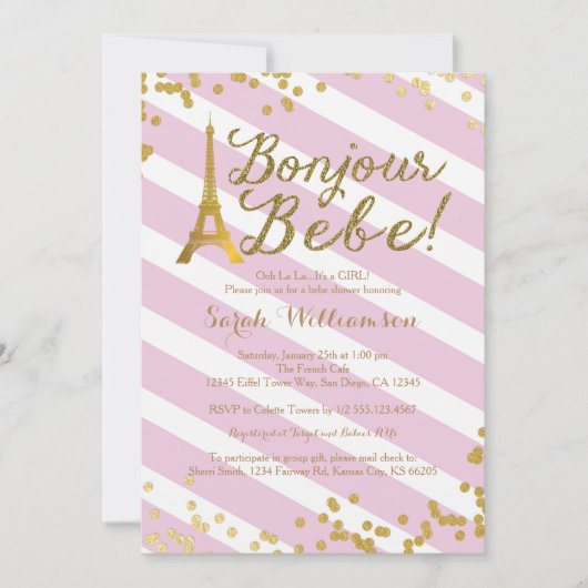 Bonjour Bebe Paris Girl Baby shower Invitation 2 Kaart (Voorkant)