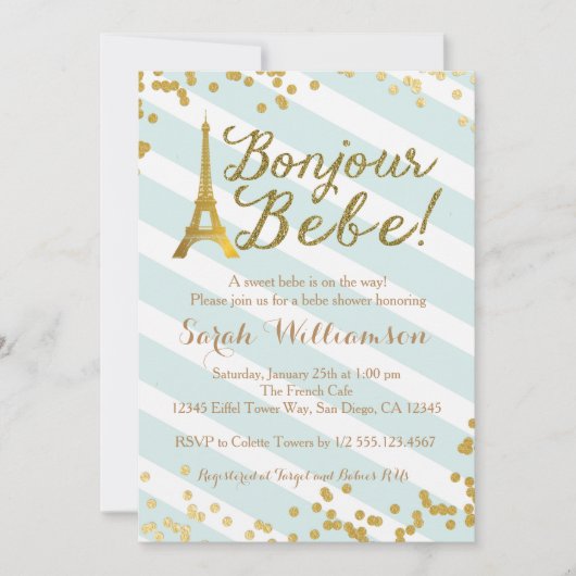 Bonjour Bebe Paris Green Baby shower Invitation Kaart (Voorkant)