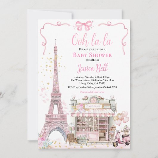 Bonjour Bebe Paris Meisje Baby shower Roze Eiffel Kaart (Voorkant)