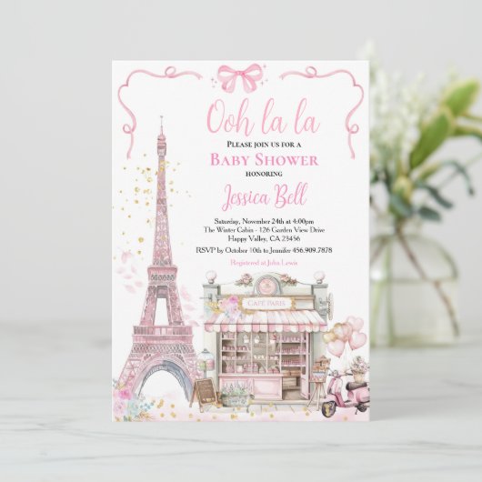 Bonjour Bebe Paris Meisje Baby shower Roze Eiffel Kaart (Staand voorkant)