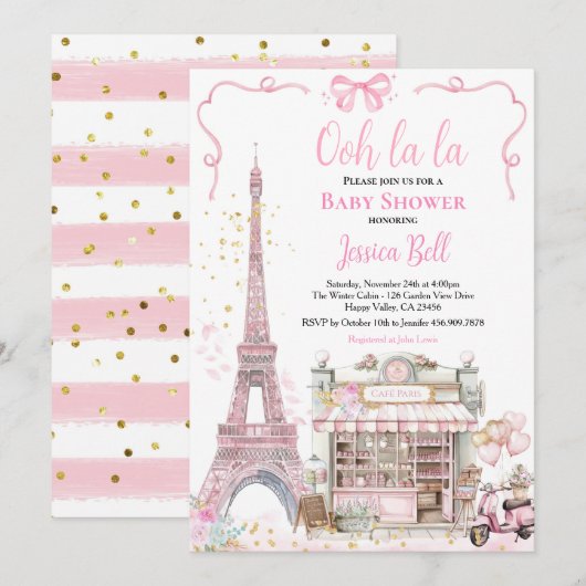 Bonjour Bebe Paris Meisje Baby shower Roze Eiffel Kaart (Voorkant / Achterkant)