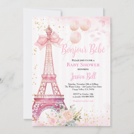 Bonjour Bebe Paris Meisje Baby shower Roze Eiffel Kaart (Voorkant)