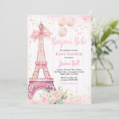 Bonjour Bebe Paris Meisje Baby shower Roze Eiffel Kaart (Staand voorkant)