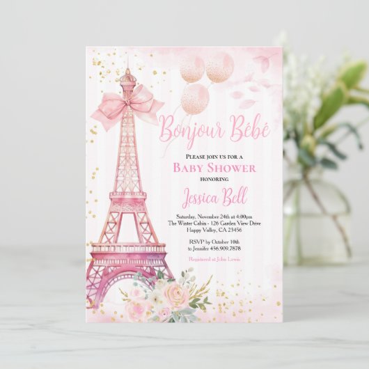 Bonjour Bebe Paris Meisje Baby shower Roze Eiffel Kaart (Staand voorkant)