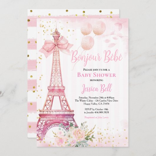 Bonjour Bebe Paris Meisje Baby shower Roze Eiffel Kaart (Voorkant / Achterkant)