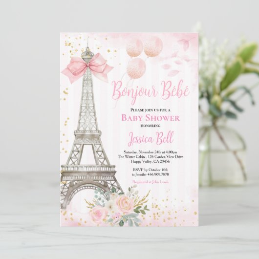 Bonjour Bebe Paris Meisje Baby shower Roze Eiffel Kaart (Staand voorkant)